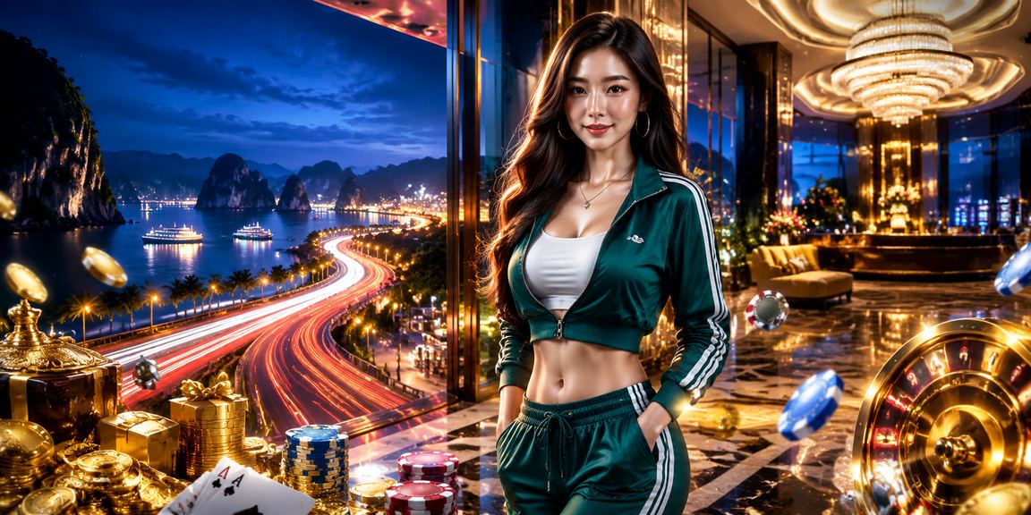 Ánh đèn neon casino phản chiếu trên mặt nước Vịnh Hạ Long về đêm