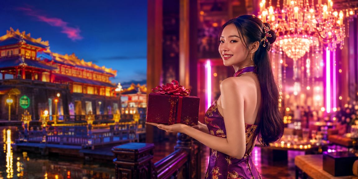 Không gian casino neon về đêm tại thành phố Huế với ánh đèn sôi động